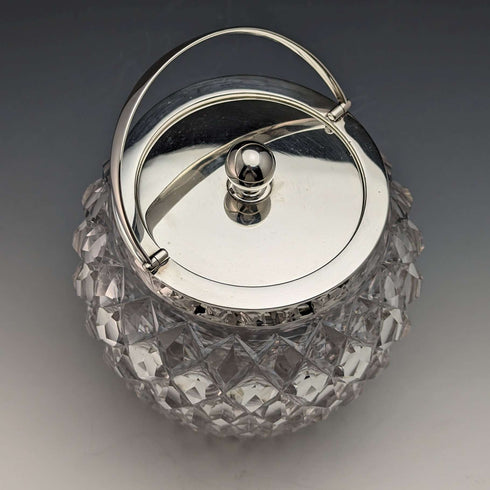 1912年 英国アンティーク カットガラス ビスケットバレル 純銀蓋 Goldsmiths & Silversmiths