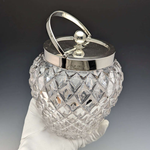 1912年 英国アンティーク カットガラス ビスケットバレル 純銀蓋 Goldsmiths & Silversmiths