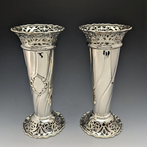 1899 British Antique Sterling Silver Vase Pair with Earring Decoration Total 445g Manoah Rhodes