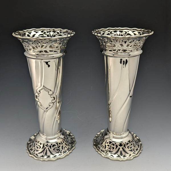 1899 British Antique Sterling Silver Vase Pair with Earring Decoration Total 445g Manoah Rhodes