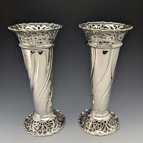 1899 British Antique Sterling Silver Vase Pair with Earring Decoration Total 445g Manoah Rhodes