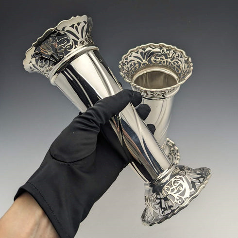 1899 British Antique Sterling Silver Vase Pair with Earring Decoration Total 445g Manoah Rhodes