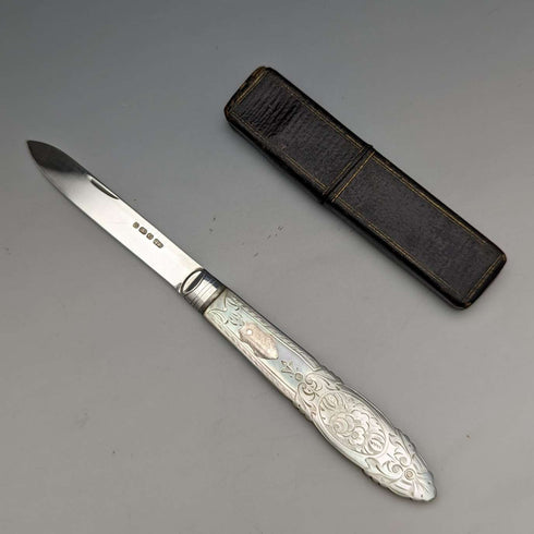 1890 年英國古董白色珍珠柄純銀刀片小刀,裝在 Thomas Marples 盒中