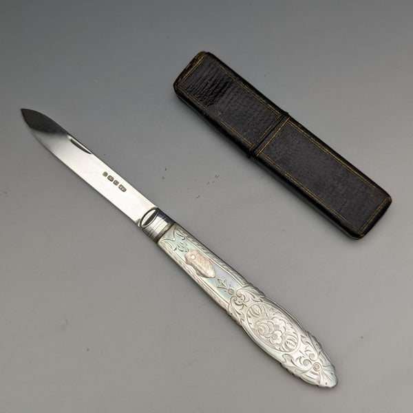 1890 British Antique White Pearl Handle Sterling Silver Blade Penknife in Case Thomas Marples