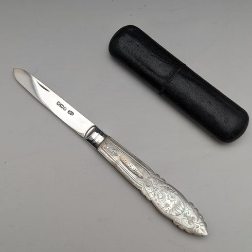 1893 年英國古董白色珍珠柄純銀刀片小刀,裝在 Arthur Worral Staniforth 盒中