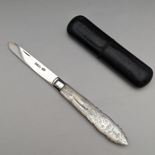 1893 British Antique White Pearl Handle Sterling Silver Blade Penknife in Case Arthur Worral Staniforth