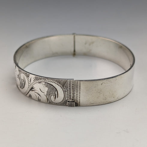 1975年 英国ヴィンテージ 純銀製 彫刻ブレスレット 26g Bracelon Ltd