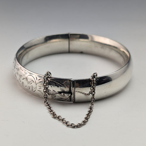 米国ヴィンテージ 純銀製製 花彫刻ブレスレット 20g Wyanco Ronald J Harrisburg