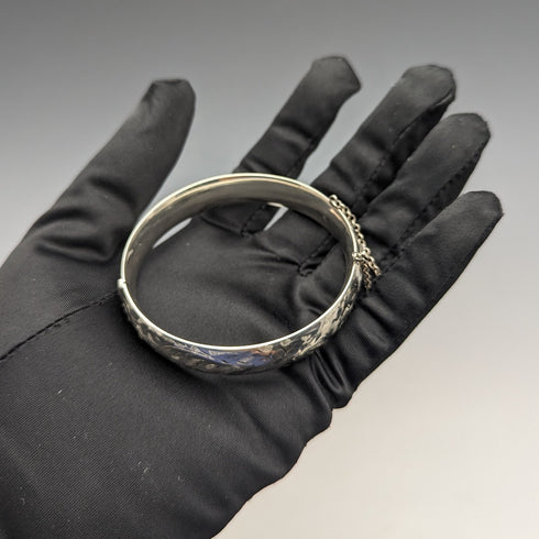 米国ヴィンテージ 純銀製製 花彫刻ブレスレット 20g Wyanco Ronald J Harrisburg