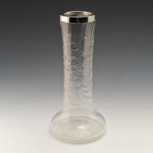 1901 British Antique Sterling Silver Decorated Etched Glass Vase Johnson Durban