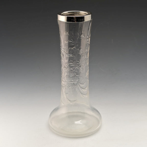 1901 British Antique Sterling Silver Decorated Etched Glass Vase Johnson Durban