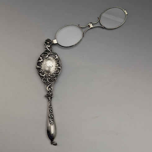 19世紀後半 米国アンティーク 純銀製 ロニエット 携帯用折りたたみ式眼鏡