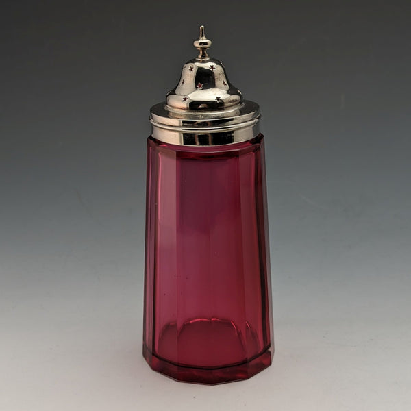 British antique cranberry cut glass & silver plate spice container