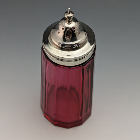 英国アンティーク クランベリーカットガラス &シルバープレート スパイス入れ