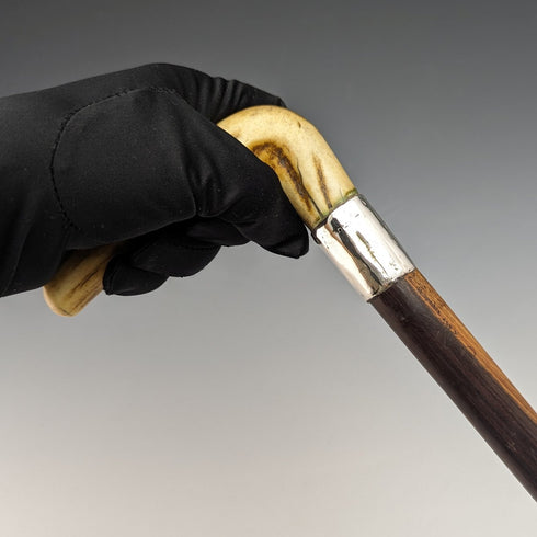 約 1900 年英國古董男士手杖純銀裝飾鹿角手柄棕色軸 85.5 厘米