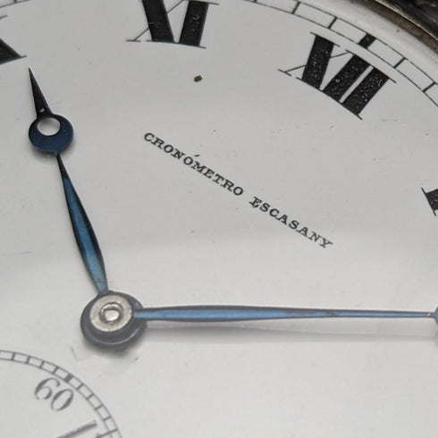 大約 1920 年古董瑞士 Escasany 懷錶 Niero 裝飾銀側薄錶殼 工作狀況良好