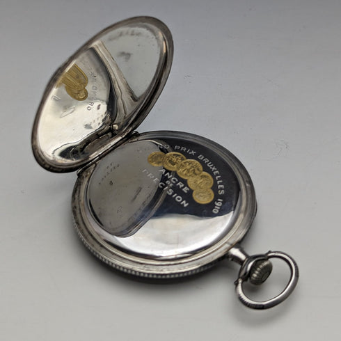 大約 1920 年古董瑞士 Escasany 懷錶 Niero 裝飾銀側薄錶殼 工作狀況良好