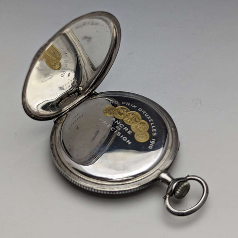 Circa 1920 Antique Swiss Escasany pocket watch Niero decoration silver side thin case Good working condition