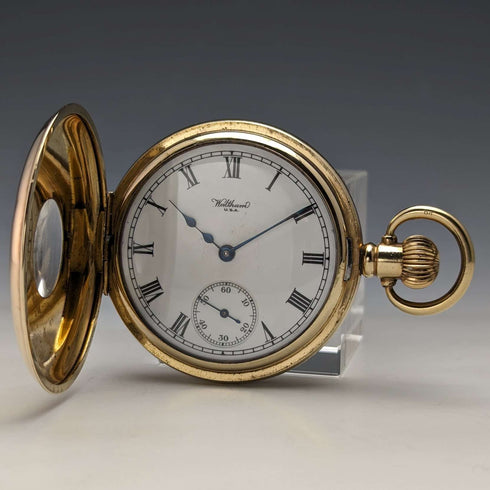 約 1915 年美國古董 Waltham 懷錶 Dennison 錶殼鍍金半獵人翻新