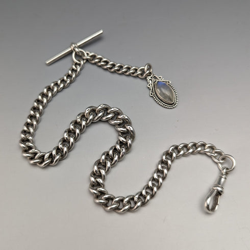 1929年 英国ヴィンテージ 純銀製アルバートチェーン 48g ムーンストーンフォブ