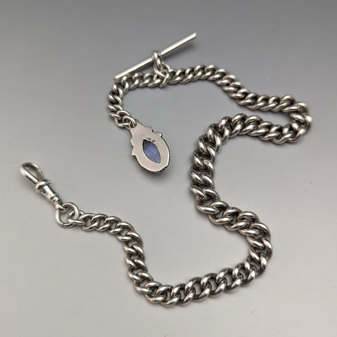 1929年 英国ヴィンテージ 純銀製アルバートチェーン 48g ムーンストーンフォブ