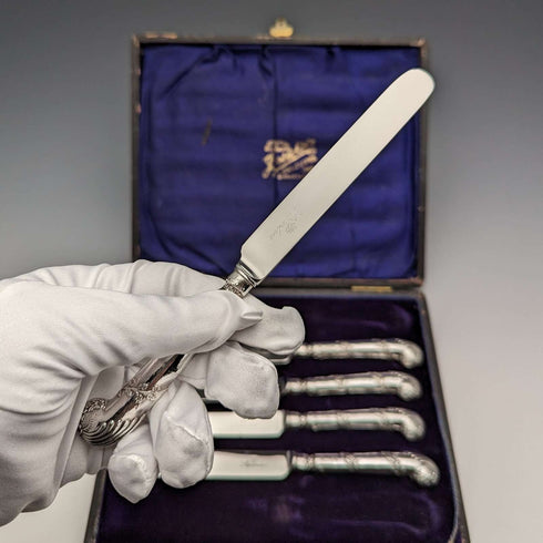 1905 British Antique Sterling Silver Handle Set of 5 Tea Knives by John Biggin in Case