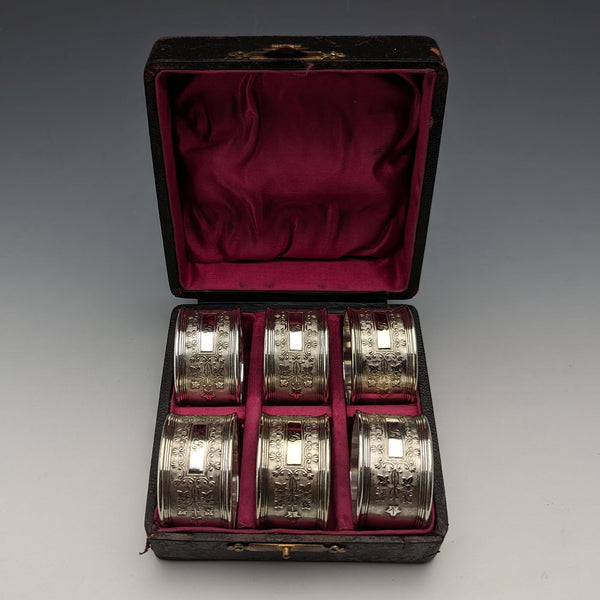 19 世紀末英國古董銀盤餐巾環 6 件套帶盒