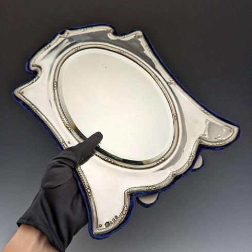 1905 British Antique Sterling Silver Frame Desk Mirror Makeup Mirror Elkington