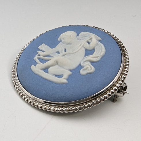 英国ヴィンテージ ウェッジウッド 純銀&ジャスパーウェア 丸型ブローチ