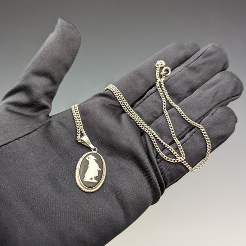 British Vintage Wedgwood Sterling Silver & Black Jasper Pendant Necklace