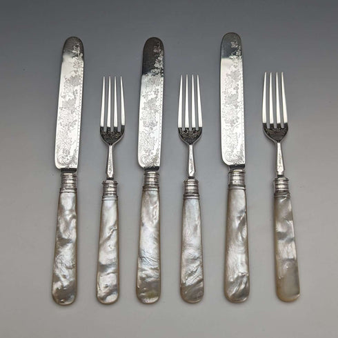 1880 年英國古董雕刻白色珍珠手柄甜點餐具 3 副套裝斯托克斯和愛爾蘭