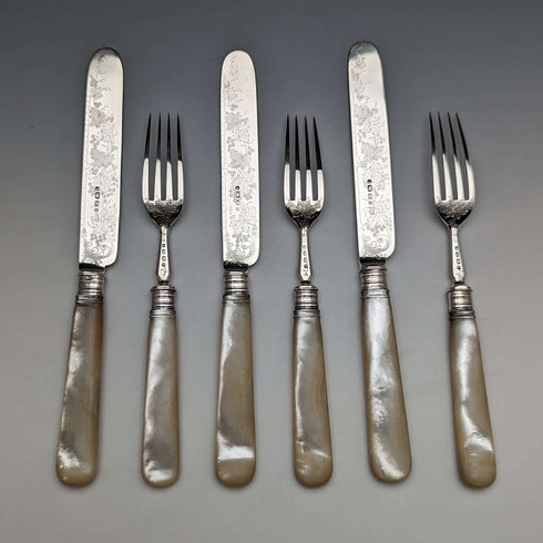 1880 年英國古董雕刻白色珍珠手柄甜點餐具 3 副套裝斯托克斯和愛爾蘭