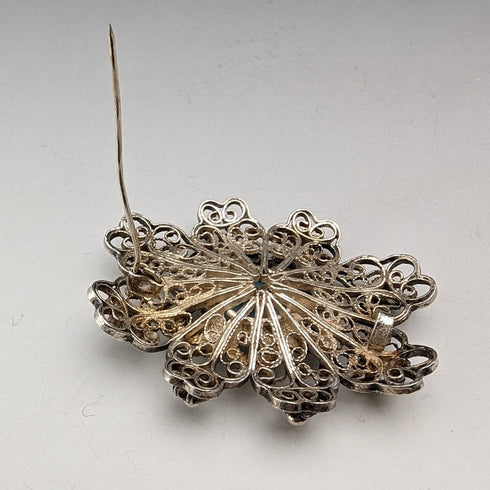 英国ヴィンテージ ブルーストーン&フィリグリー シルバーブローチ