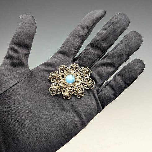 英国ヴィンテージ ブルーストーン&フィリグリー シルバーブローチ