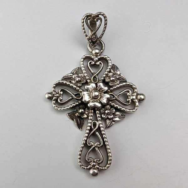約 1930 年英國復古純銀花卉裝飾十字架吊墜 Boorman & Son