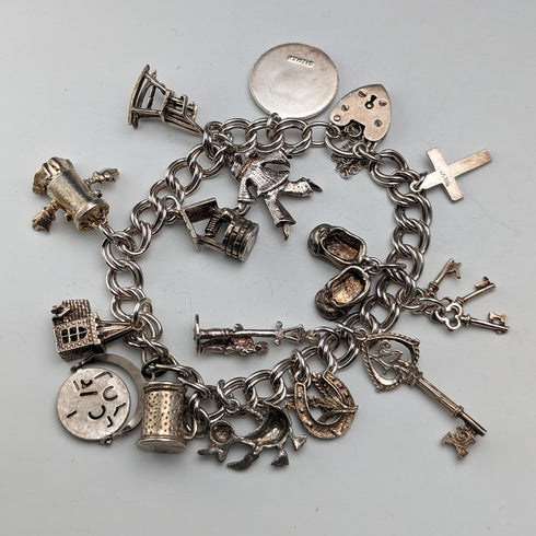 1976 British Vintage Sterling Silver Charm Bracelet 46g