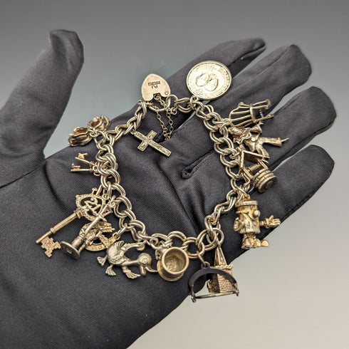 1976 British Vintage Sterling Silver Charm Bracelet 46g