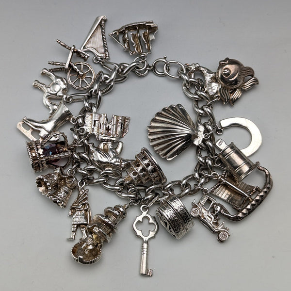 British vintage sterling silver charm bracelet 92g