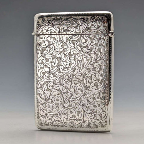 1910 British Antique Sterling Silver Card Case Scroll Pattern 90g