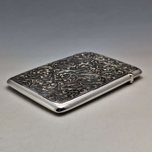 1910 British Antique Sterling Silver Card Case Scroll Pattern 90g