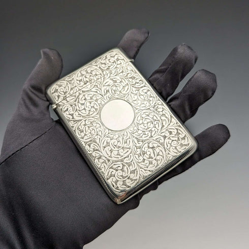 1910 British Antique Sterling Silver Card Case Scroll Pattern 90g