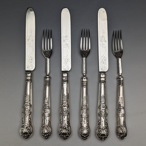 1862年 英国アンティーク 総純銀製 デザートカトラリー 3ペアセット 計233g Martin & Hall トレー入り