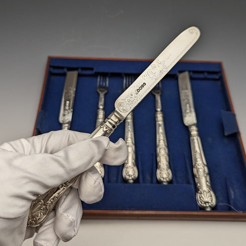 1862年 英国アンティーク 総純銀製 デザートカトラリー 3ペアセット 計233g Martin & Hall トレー入り