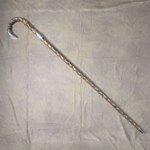 1900 年英國古董男士手杖,弧形手柄,純銀裝飾,棕色桿,90 厘米