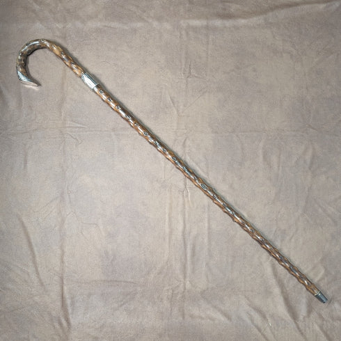 1900 年英國古董男士手杖,弧形手柄,純銀裝飾,棕色桿,90 厘米
