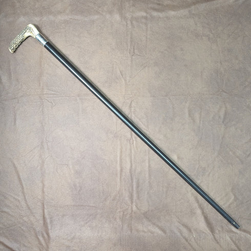 1890 年英國古董男士手杖 L 形鹿角手柄純銀裝飾黑軸 91 厘米
