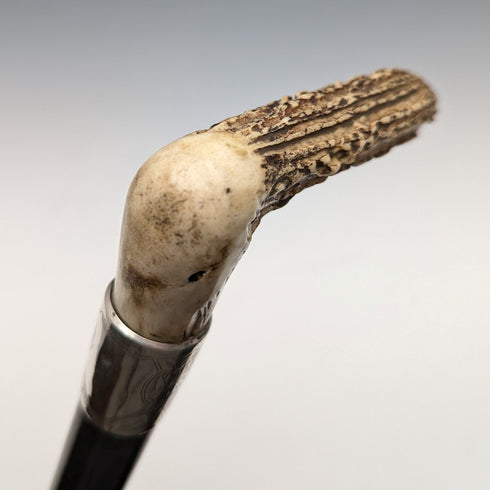 1890 年英國古董男士手杖 L 形鹿角手柄純銀裝飾黑軸 91 厘米