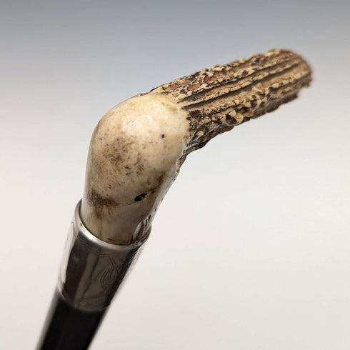 1890 年英國古董男士手杖 L 形鹿角手柄純銀裝飾黑軸 91 厘米