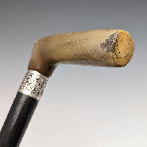 英国アンティーク 紳士用ステッキ L字ホーンハンドル 純銀装飾 ブラックシャフト 91cm