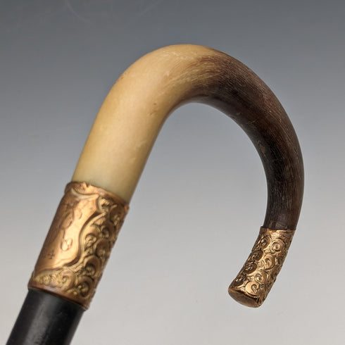 約 1914 年英國古董男士手杖角彎柄黑軸 85 厘米